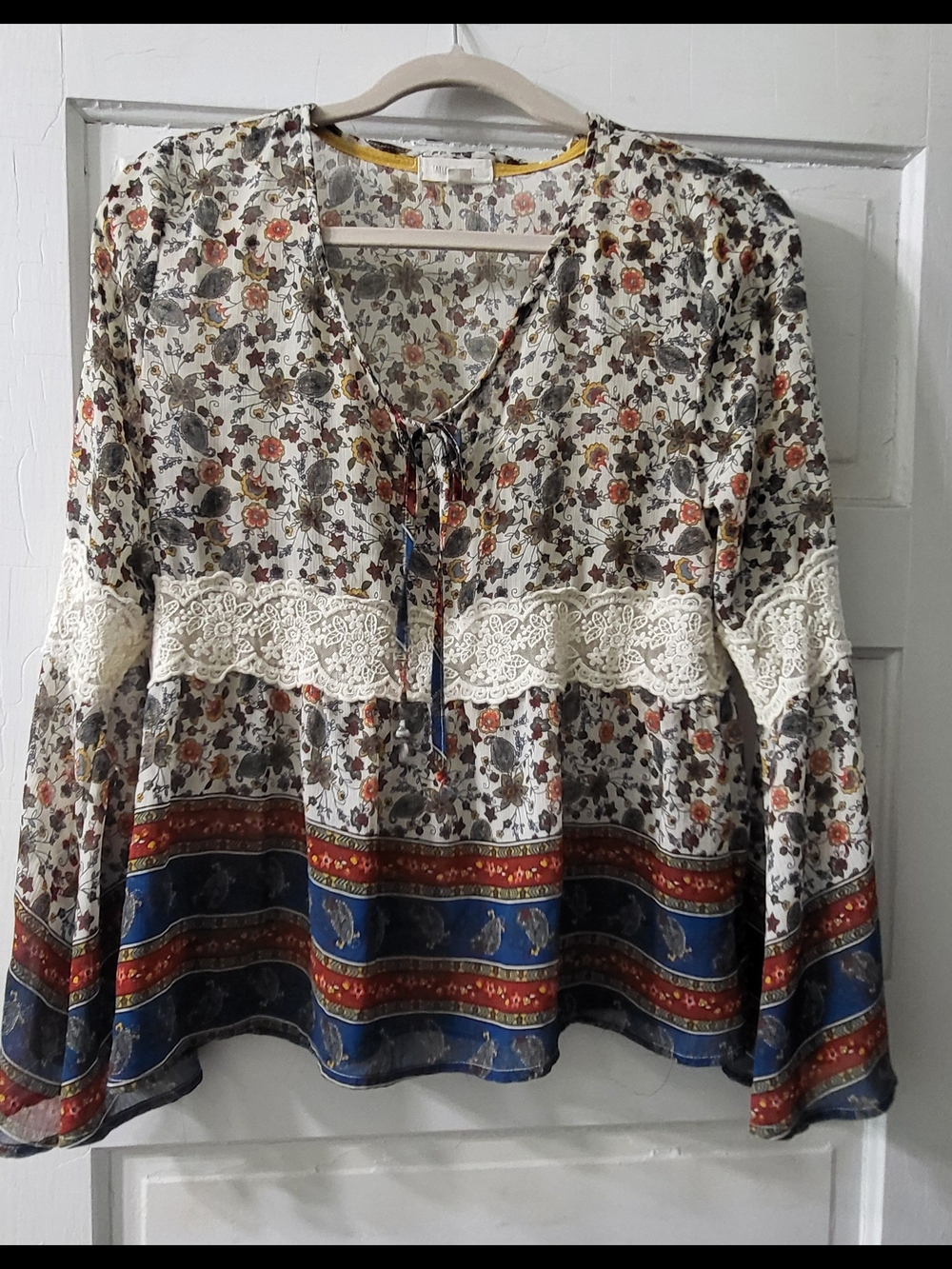 Boho Paisley Floral Lace-Trim Peasant Polyester Top - Ivory with Blue & Rust XL